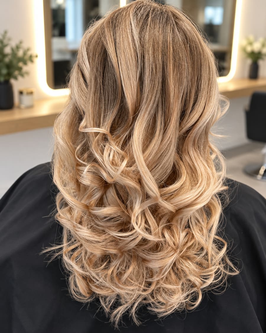 Lange blonde Wellen, frisch geföhnt