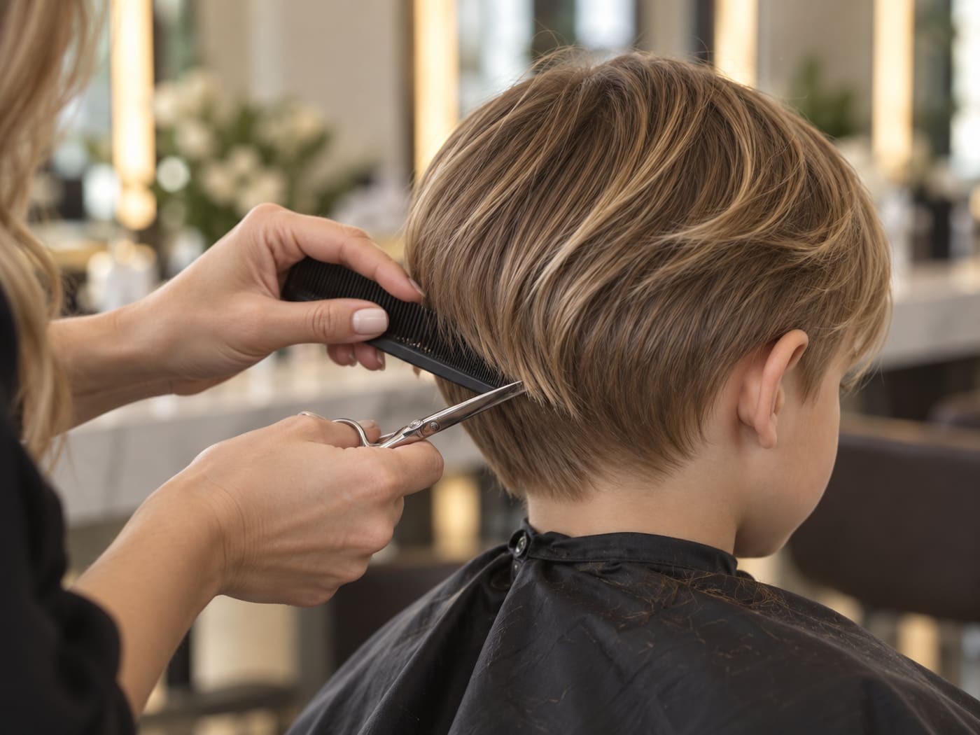 Kinderhaarschnitt mit Kamm und Schere